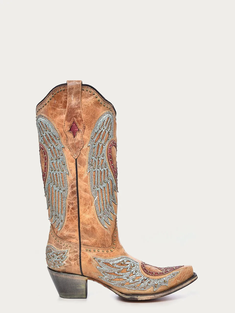 A4235 - WOMEN'S HEART AND CROSS OVERLAY AND STUDS WORN FINISH SAND SNIP TOE COWBOY BOOT
