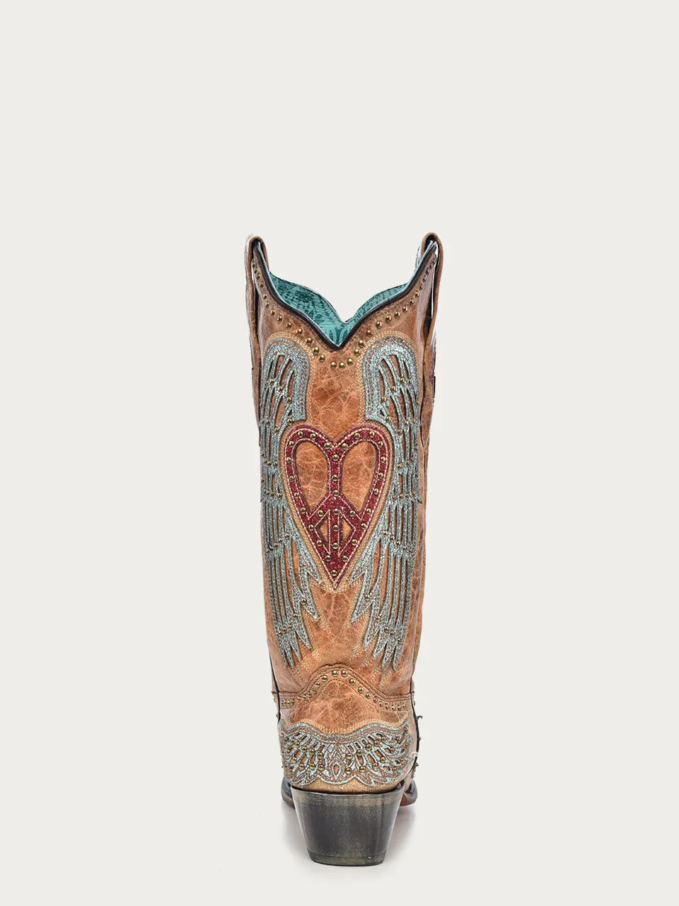 A4235 - WOMEN'S HEART AND CROSS OVERLAY AND STUDS WORN FINISH SAND SNIP TOE COWBOY BOOT