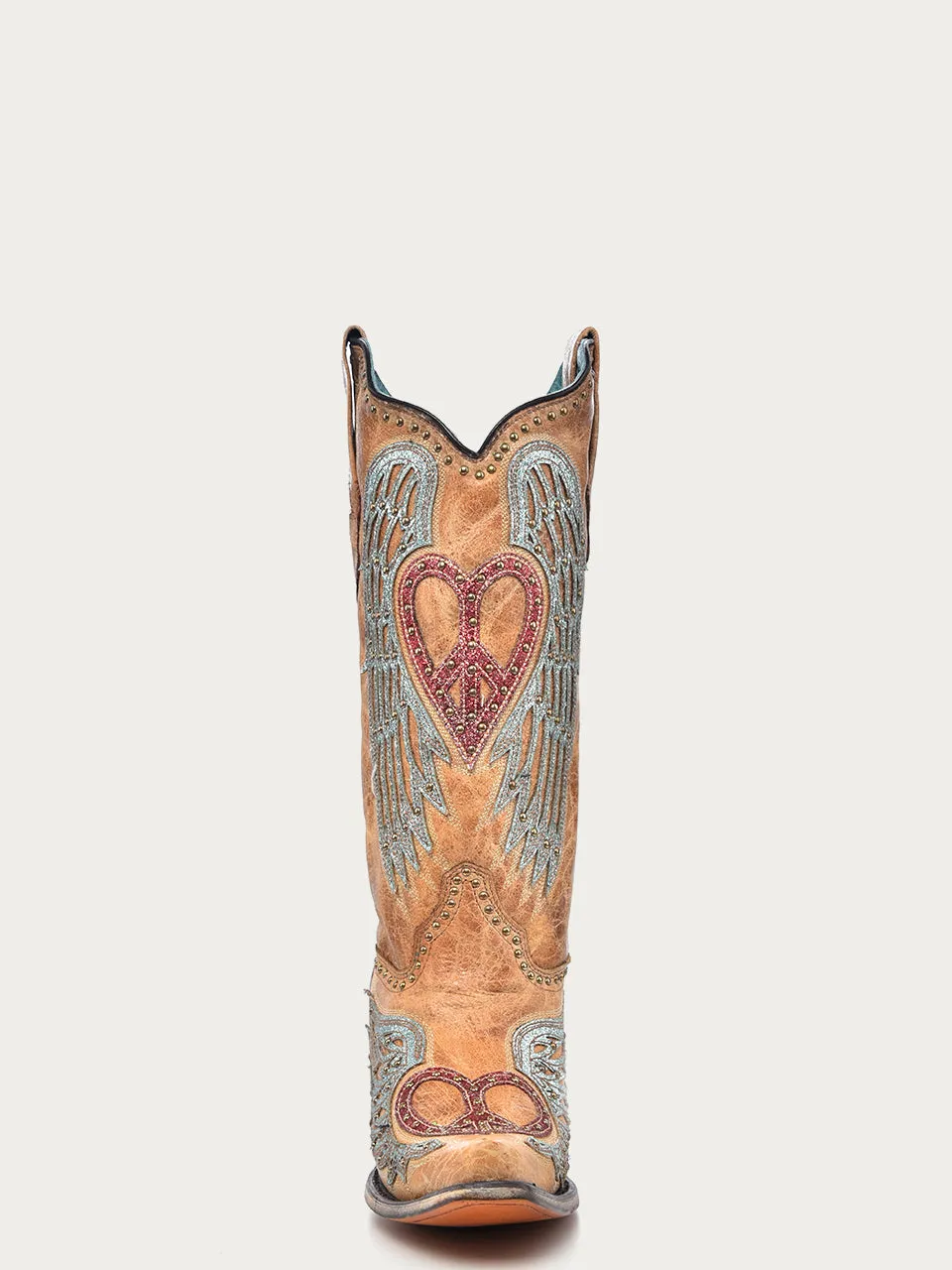 A4235 - WOMEN'S HEART AND CROSS OVERLAY AND STUDS WORN FINISH SAND SNIP TOE COWBOY BOOT