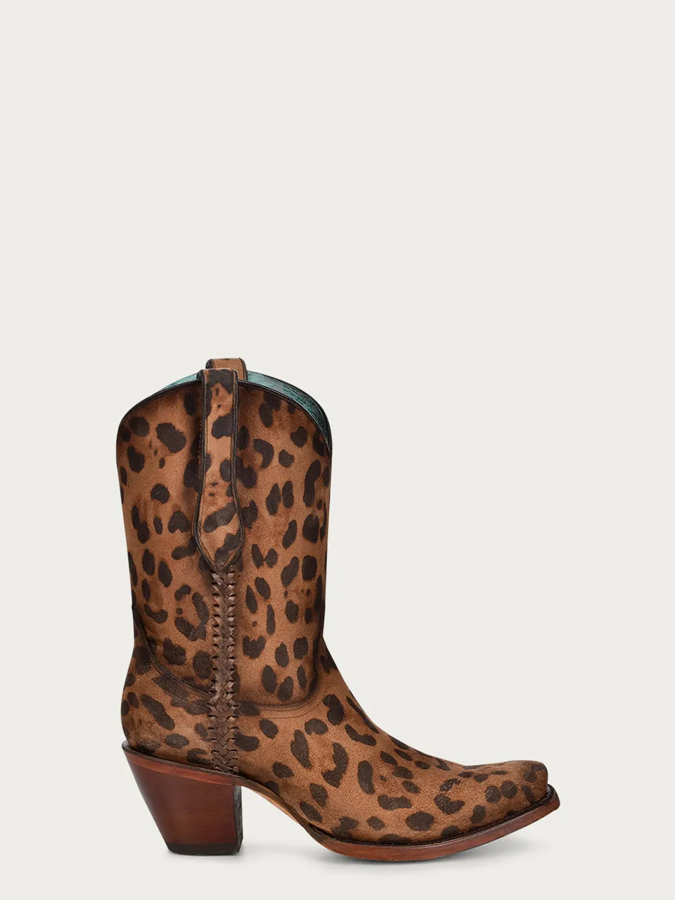 A4245 - WOMEN'S GOAT LEOPARD PRINT WITH WOVEN PIPPING NARROW SQUARE TOE BOOTIE