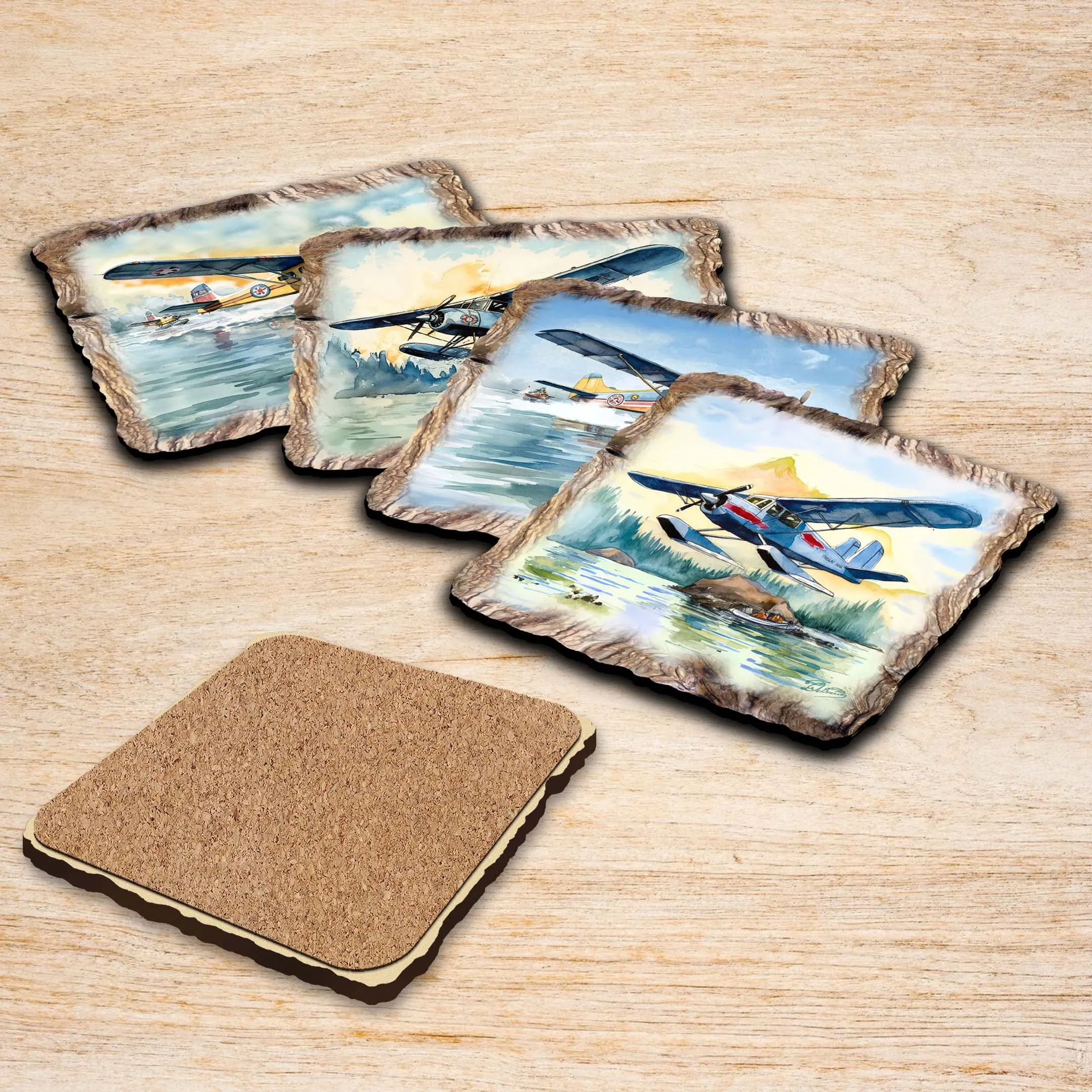 Airplains Wooden Cork Coasters Gift Set of 4 by Nature Wonders | Nature Wildlife Décor  - 95403C-S4
