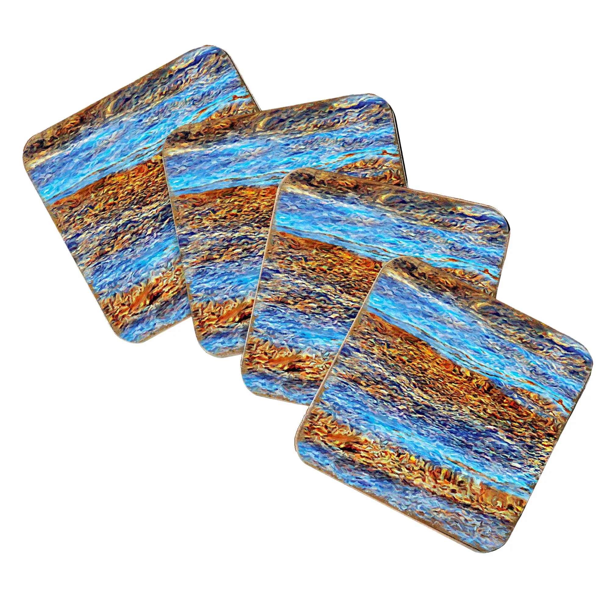 Beach Waves Coastal Wooden Cork Coasters Gift Set of 4 by Nature Wonders - Coastal Sea-Life Décor - 95354C-S4