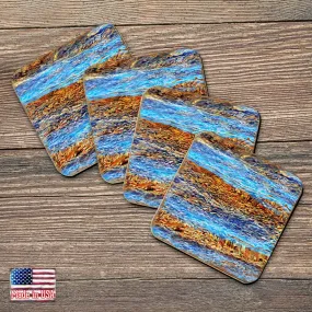Beach Waves Coastal Wooden Cork Coasters Gift Set of 4 by Nature Wonders - Coastal Sea-Life Décor - 95354C-S4