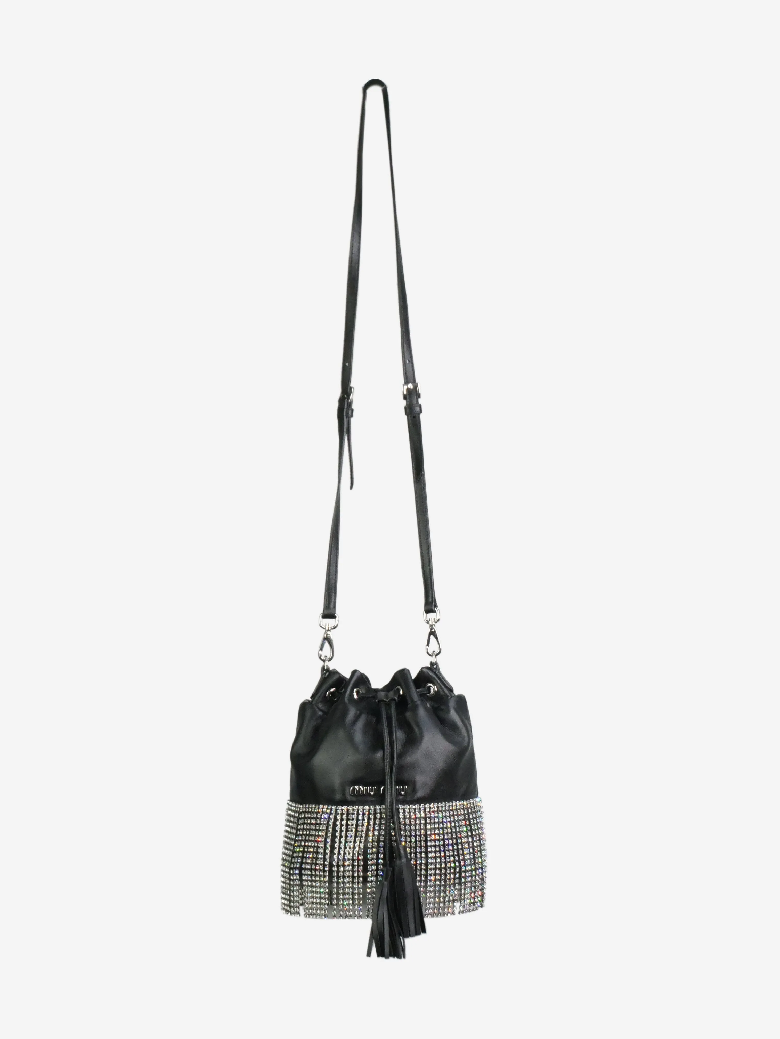 Black crystal-fringed leather bucket bag