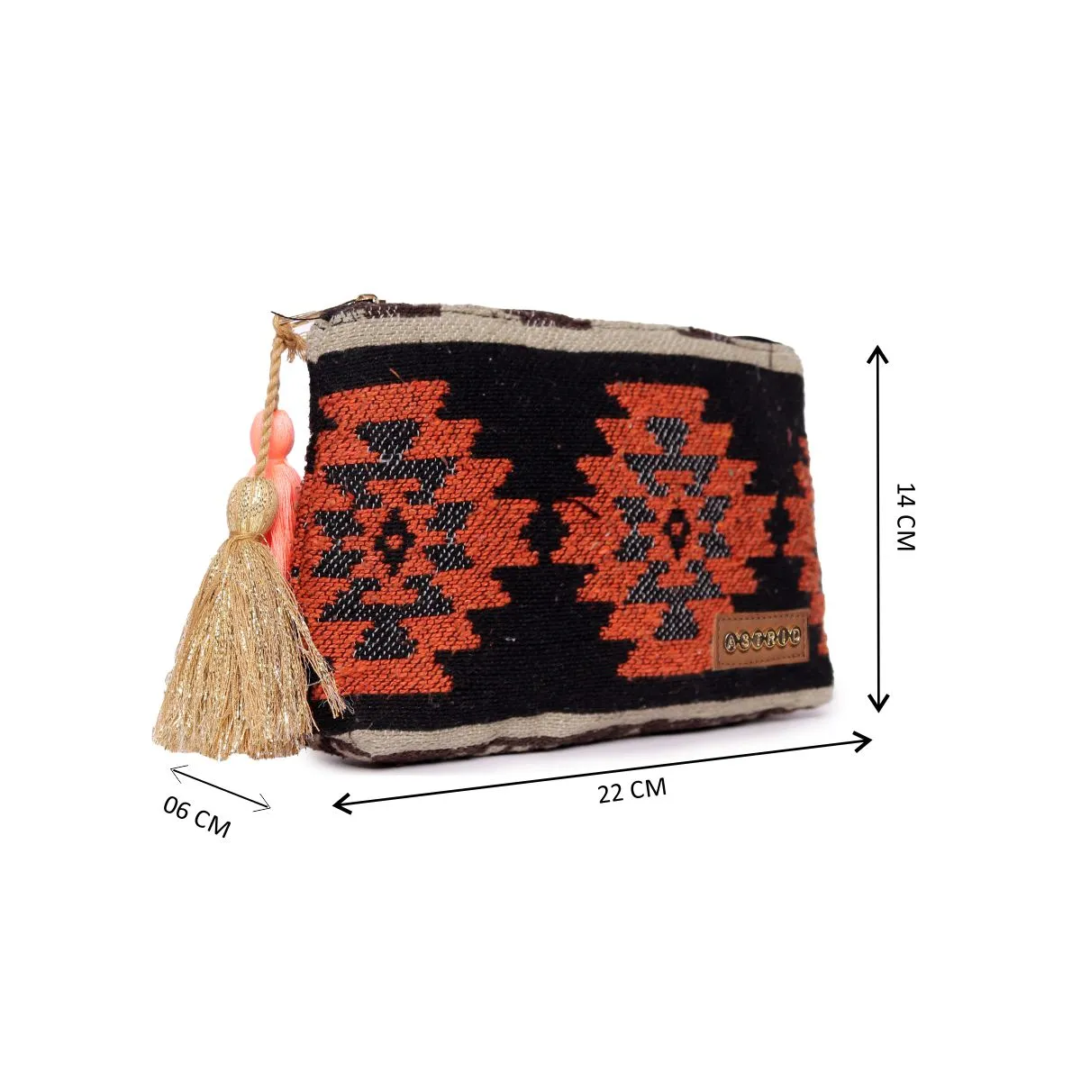 Black /Orange Colour Striped Woven Makeup/Travel Pouch With Tassels