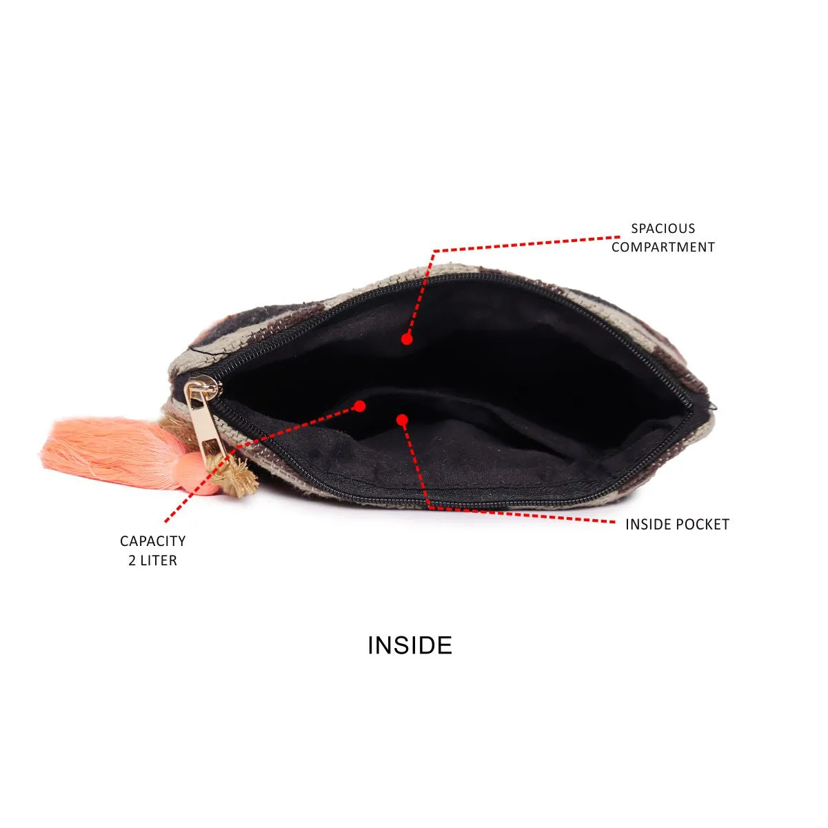 Black /Orange Colour Striped Woven Makeup/Travel Pouch With Tassels