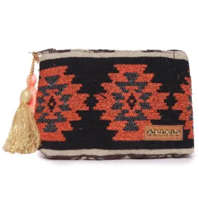 Black /Orange Colour Striped Woven Makeup/Travel Pouch With Tassels