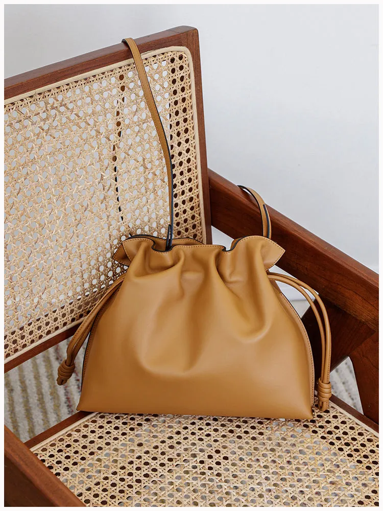 Elegant Small Cowhide Leather Shoulder Bag Crossbody Bag for Women with Drawstring Closure