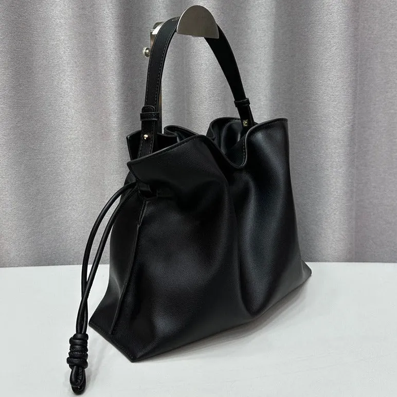 Luxurious Minimalist Soft Calfskin Bucket Bag | Shoulder Bag and Crossbody Bag for Women with Drawstring Closure