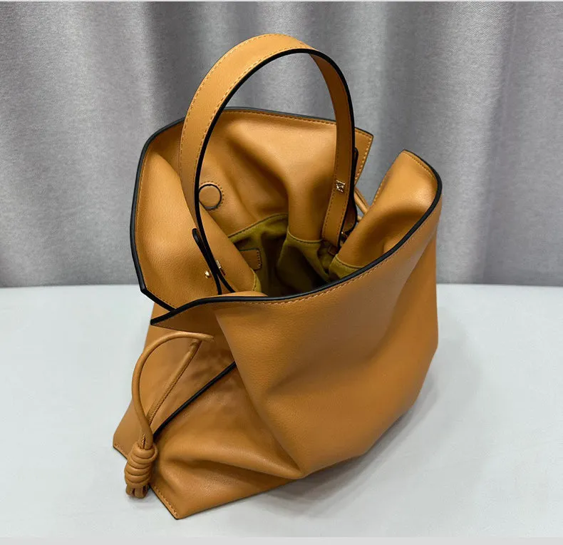 Luxurious Minimalist Soft Calfskin Bucket Bag | Shoulder Bag and Crossbody Bag for Women with Drawstring Closure