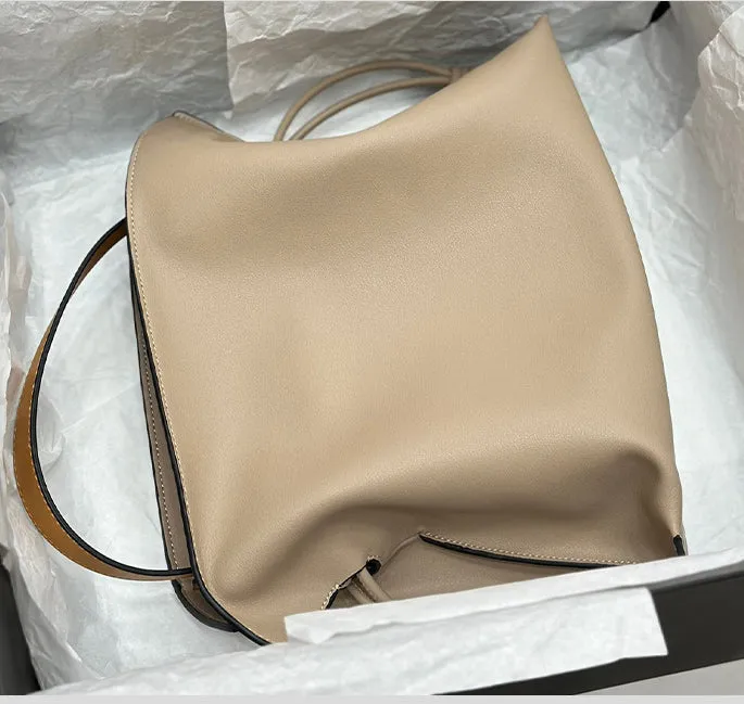 Luxurious Minimalist Soft Calfskin Bucket Bag | Shoulder Bag and Crossbody Bag for Women with Drawstring Closure