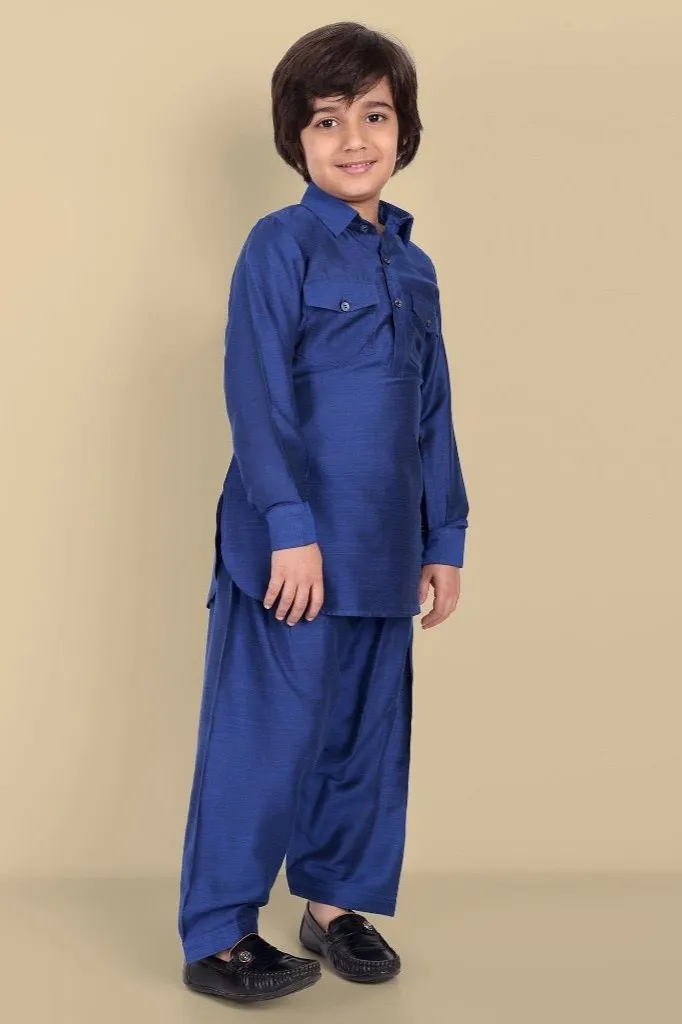 Textured Cotton Silk Ink Blue Pathani - Set of 2